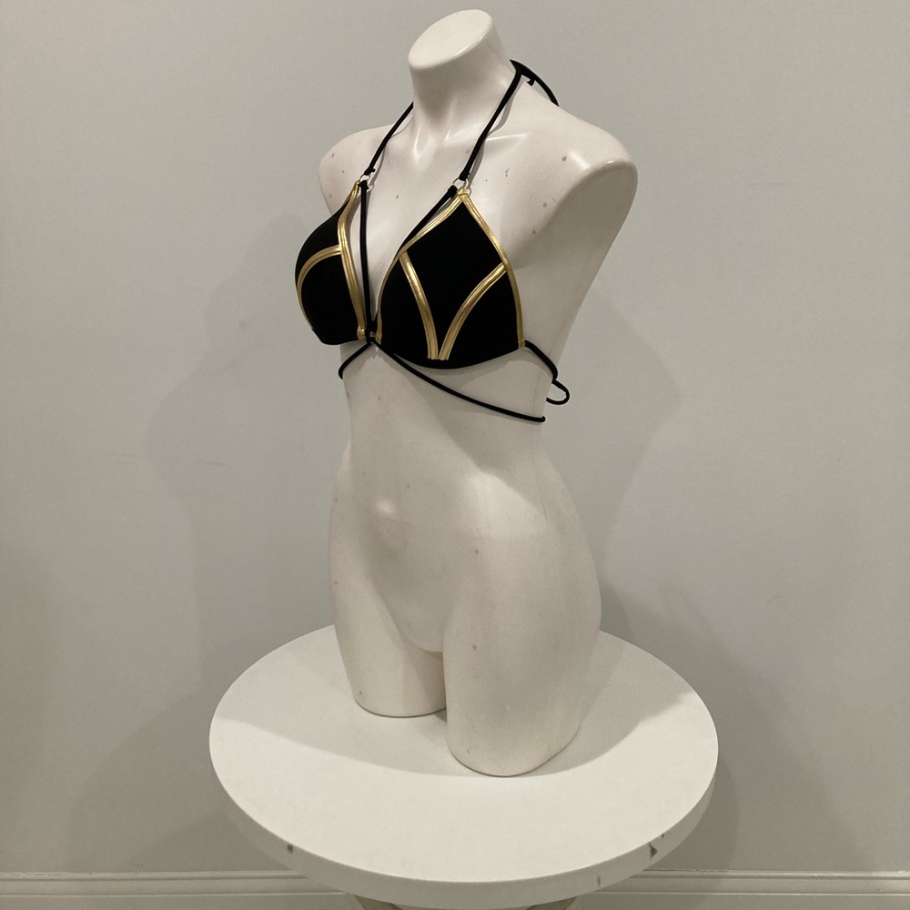 Black Gold Trim Padded Triangle String Bikini Top… - image 8